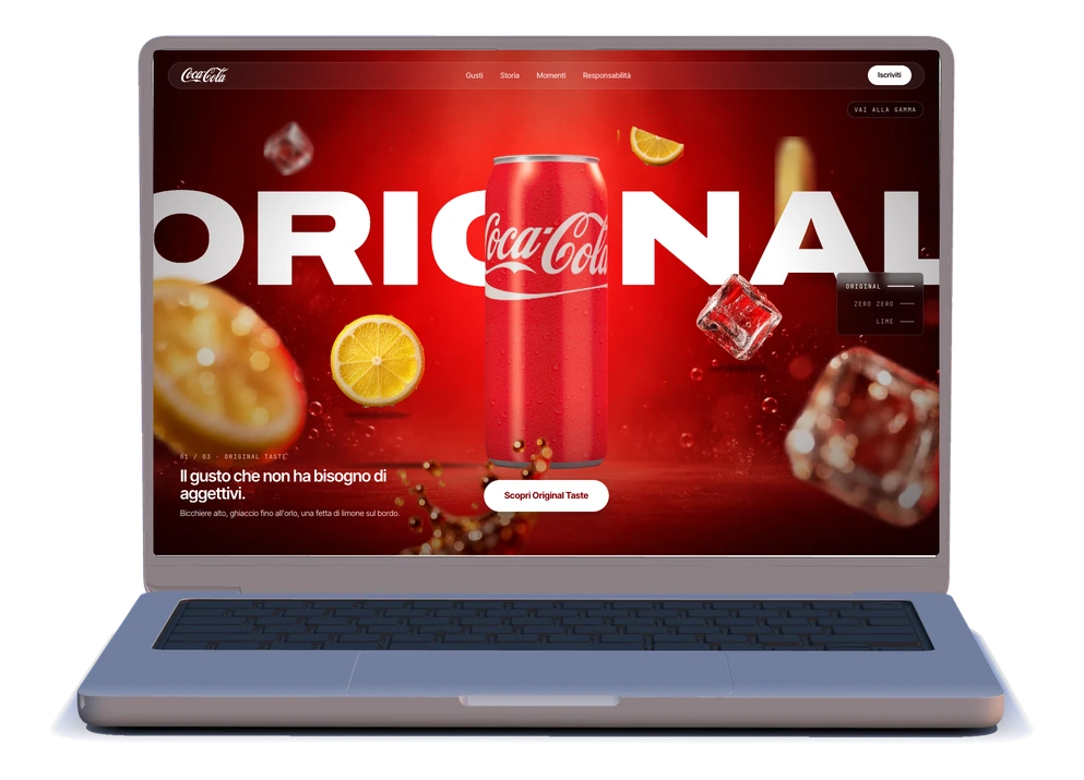 Il concept Coca-Cola: la lattina Original con il titolo gigante, il ghiaccio e il limone in sospensione