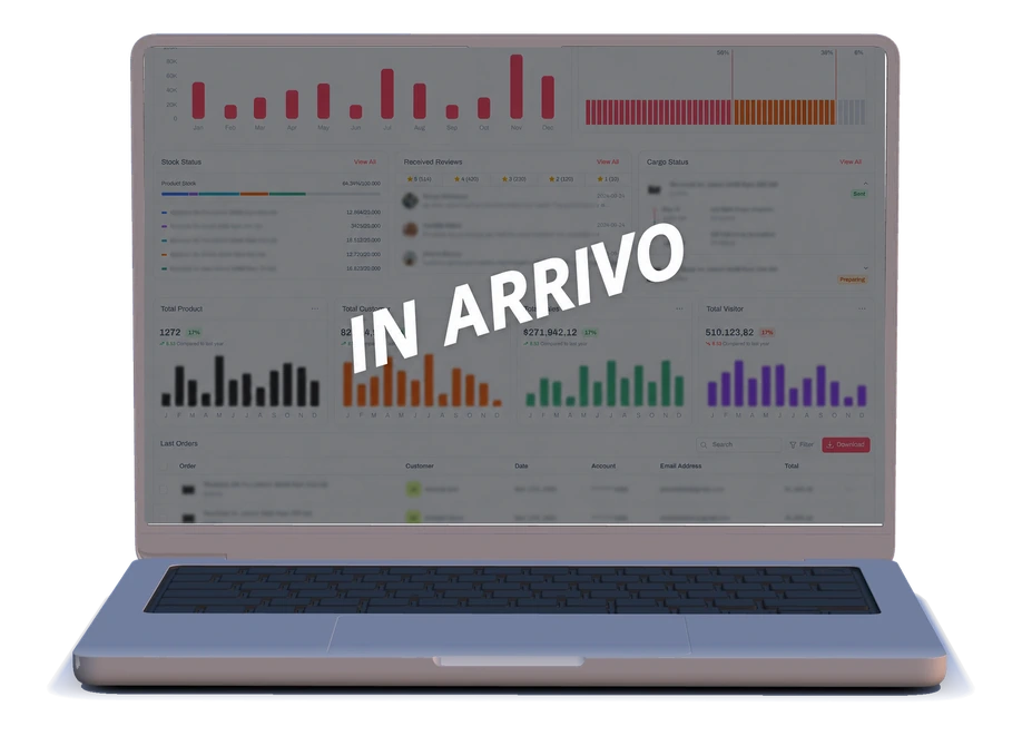 Anteprima sfocata del nuovo e-commerce, con la scritta "In arrivo"