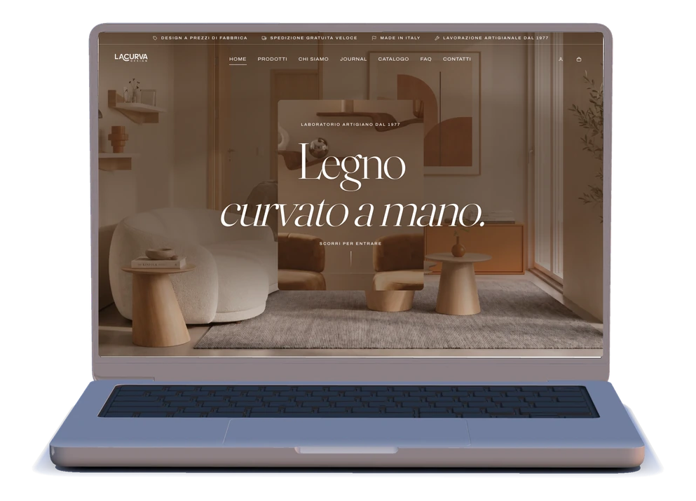 LaCurvaDesign: la home con il titolo "Legno curvato a mano" e il laboratorio artigiano dal 1977