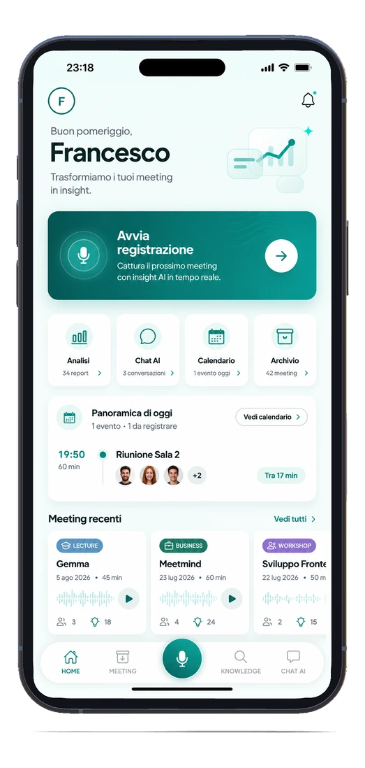 MeetMind su mobile: la home con le riunioni recenti