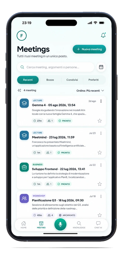 MeetMind su mobile: il dettaglio di una riunione con riassunto e attività