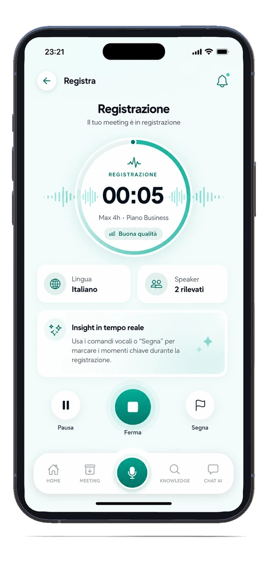 MeetMind su mobile: la registrazione di una riunione in corso