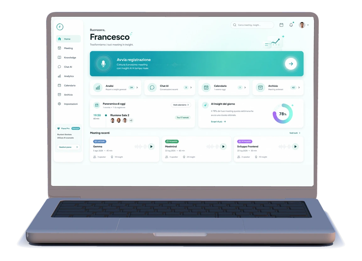 MeetMind su desktop: la home con le riunioni recenti