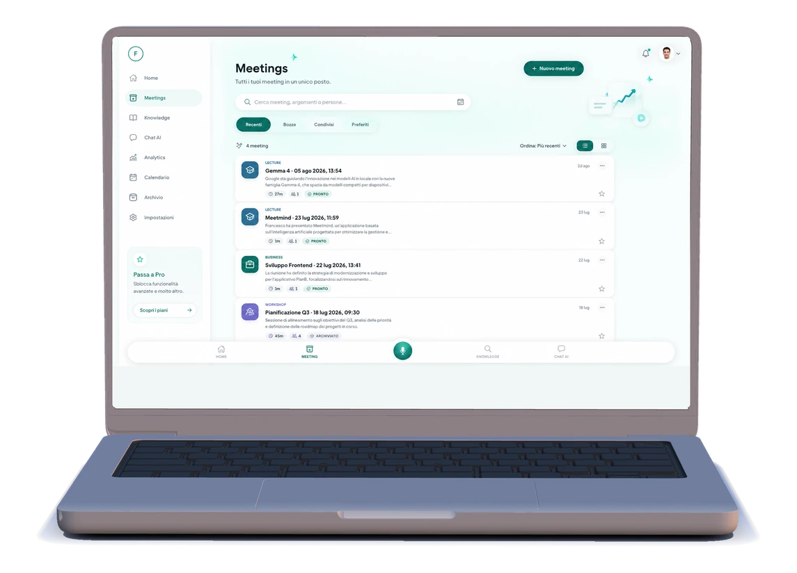 MeetMind su desktop: il dettaglio di una riunione con riassunto e attività