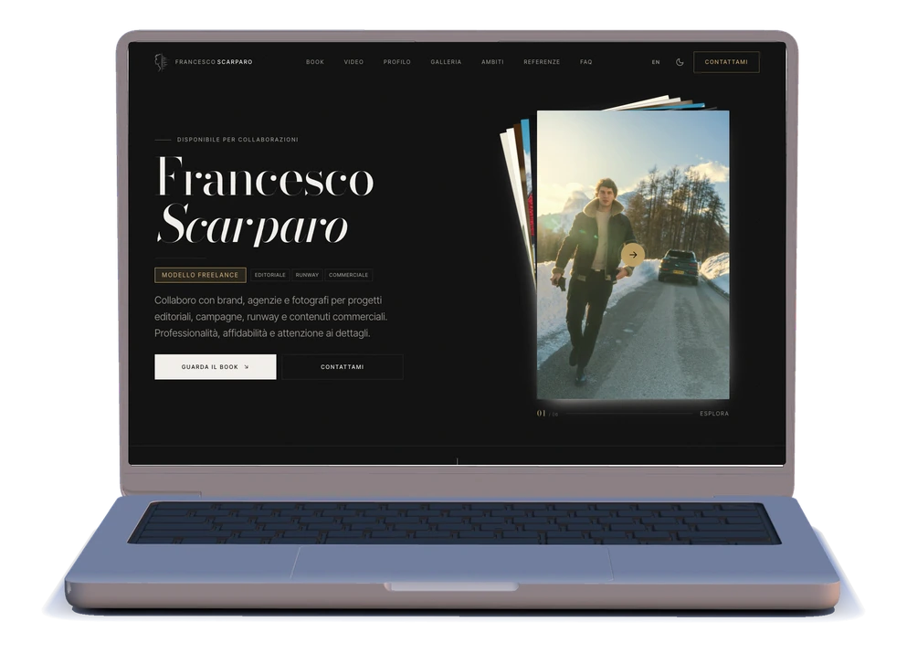 Il sito di Francesco Scarparo modello su desktop: la home con nome, ambiti e book