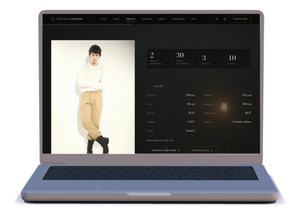 Il sito moda: la scheda tecnica con misure, statistiche e download della comp card