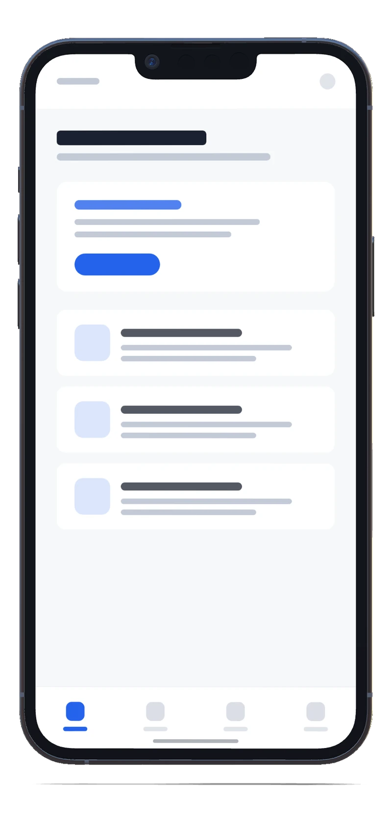 Schermata home di un'app mobile con schede e navigazione in basso