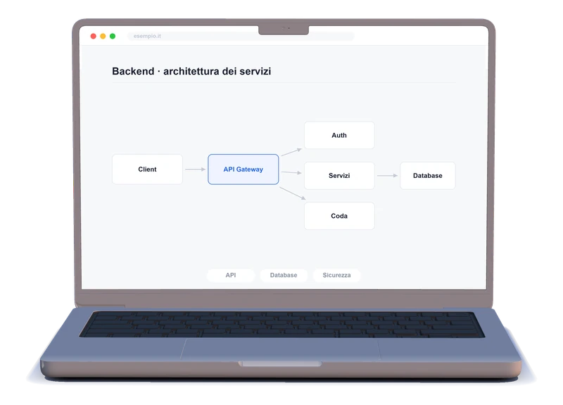 Schema dell'architettura backend con servizi, database e code